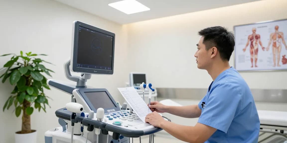 Healthcare professional using advanced ultrasound equipment medical in a modern clinic.