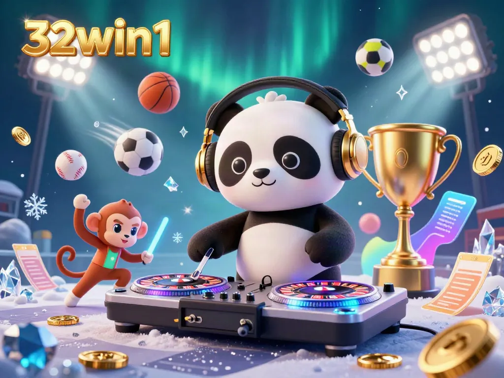 Experience the dynamic 3D scene of 32win1 with a DJ panda, breakdancing monkey, and glowing kitten, all amidst casino elements.