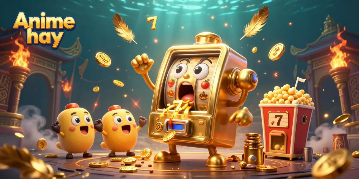 Experience the excitement of Anime hay with a golden slot machine hitting jackpots, surrounded by cheering babies and dynamic casino elements.