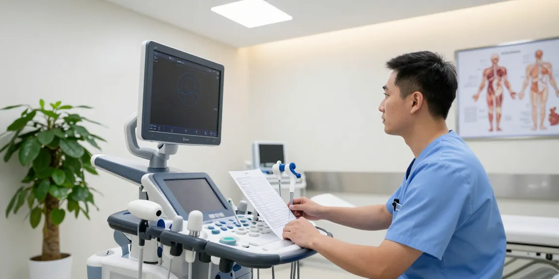 Healthcare professional using advanced ultrasound equipment medical in a modern clinic.
