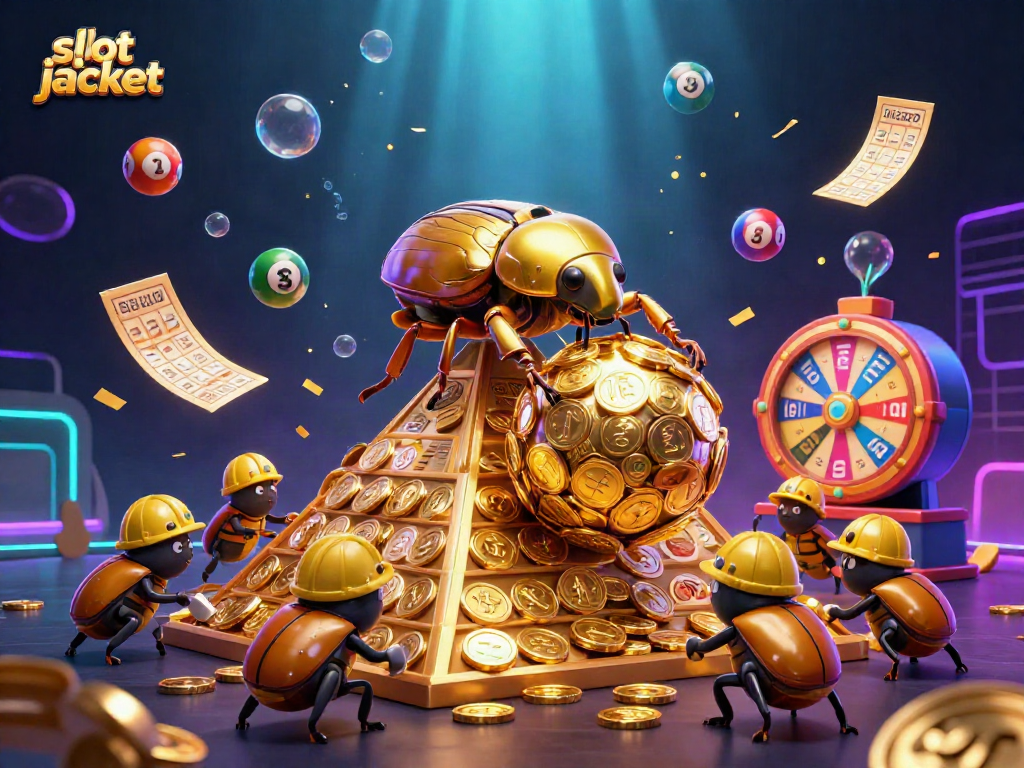 Experience the thrill of the slot jackpot with colorful lottery elements and a golden beetle scene.