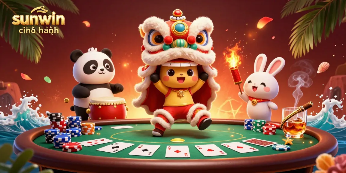 Experience the vibrant energy of sunwin chính hãng with a festive lion dance in this dynamic casino scene.