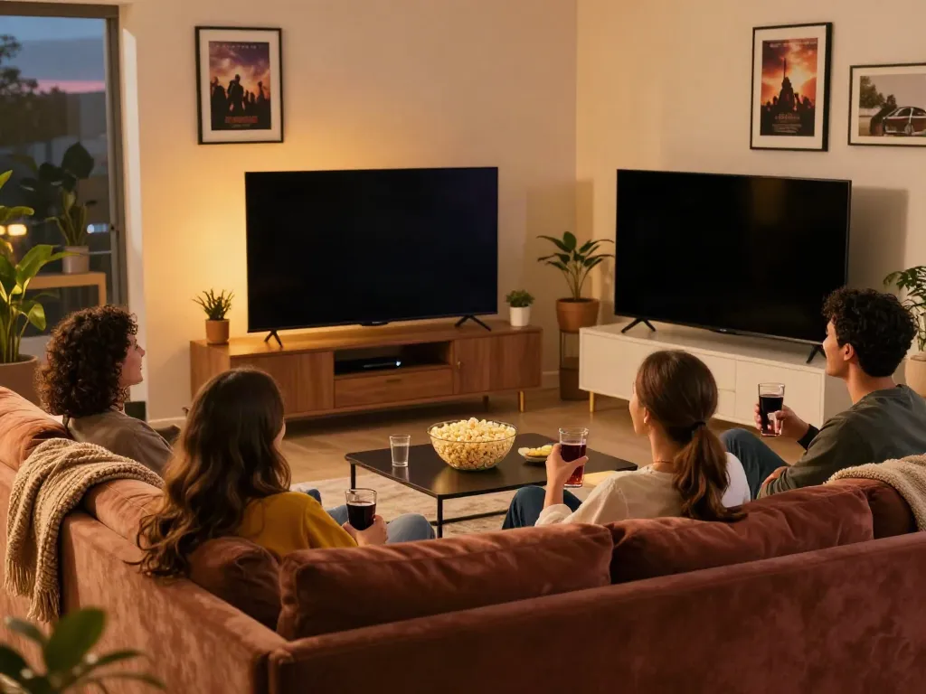 Group of friends enjoying a movie night with FilmyZilla Media on the TV.