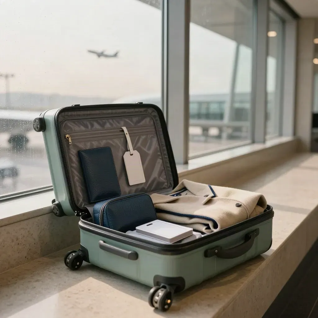 Open carry-on with travel essentials by an airport hotel window at sunrise