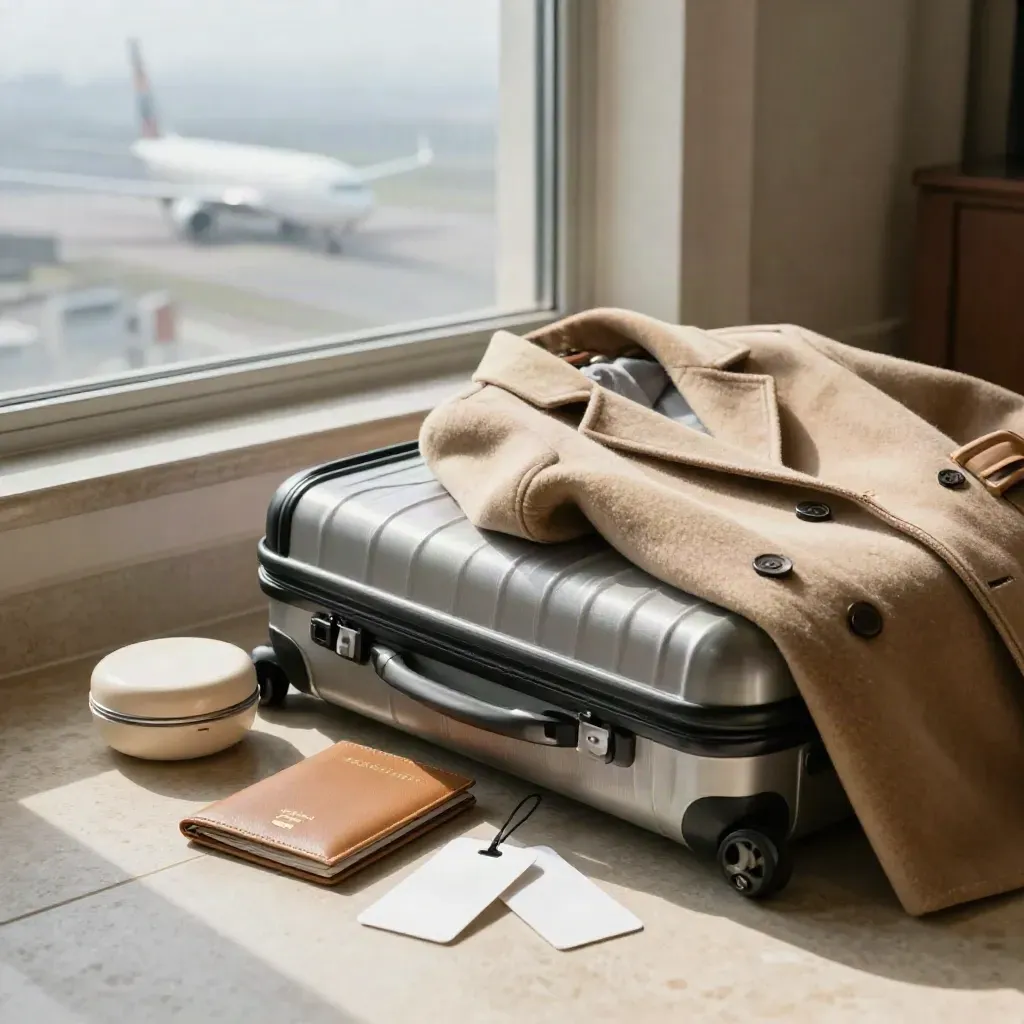 Open carry-on with coat and travel essentials by a hotel window, plane outside