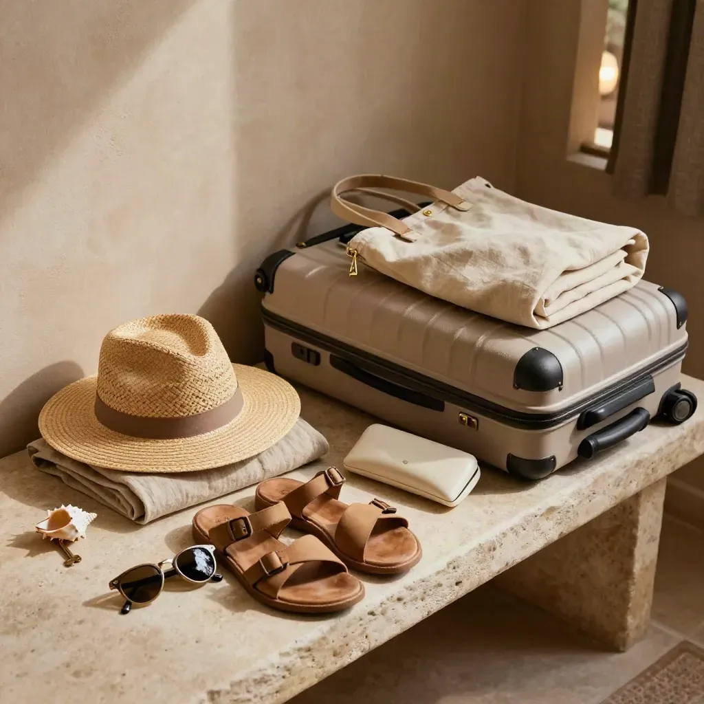 Packing spread with straw hat, linen shirt, sandals, sunglasses case, shell, and suitcase on a stone bench.