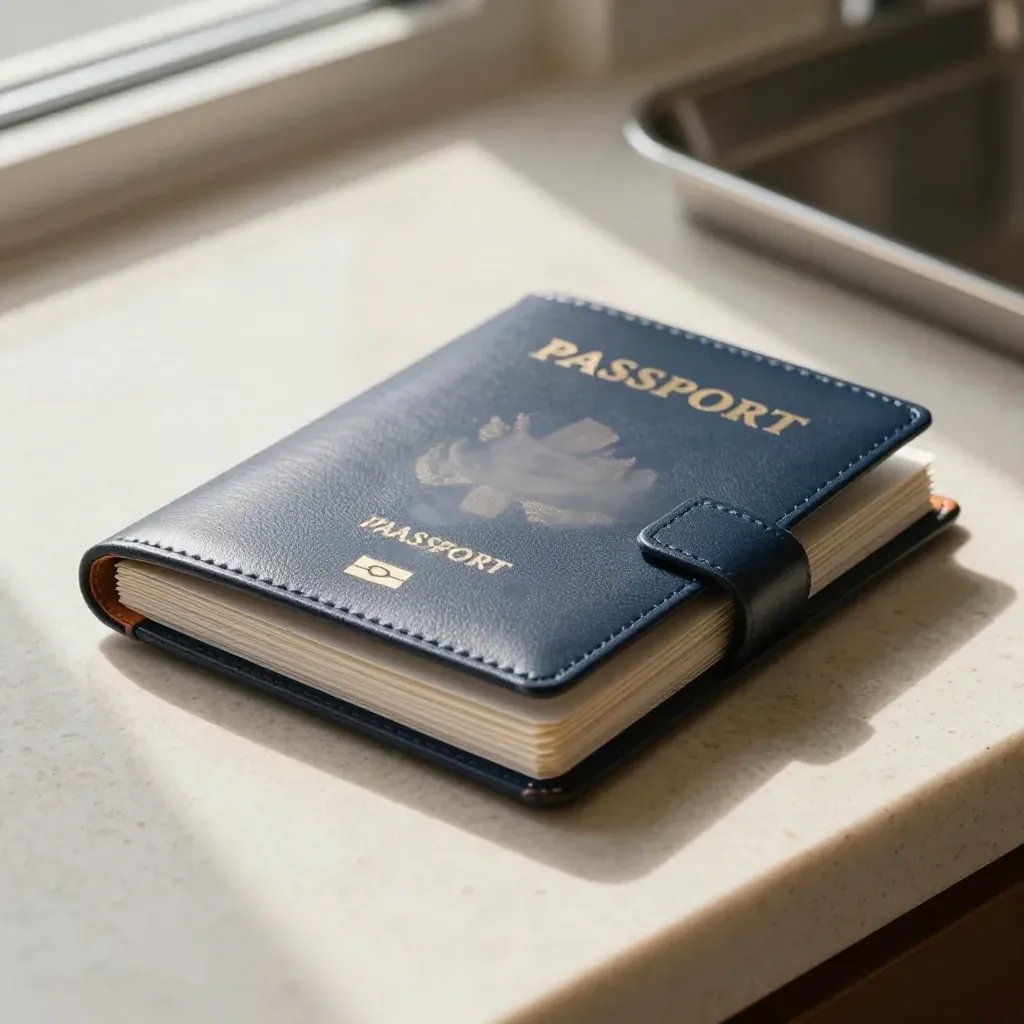 Navy passport wallet and visa packet on travertine counter, softly lit from above left.