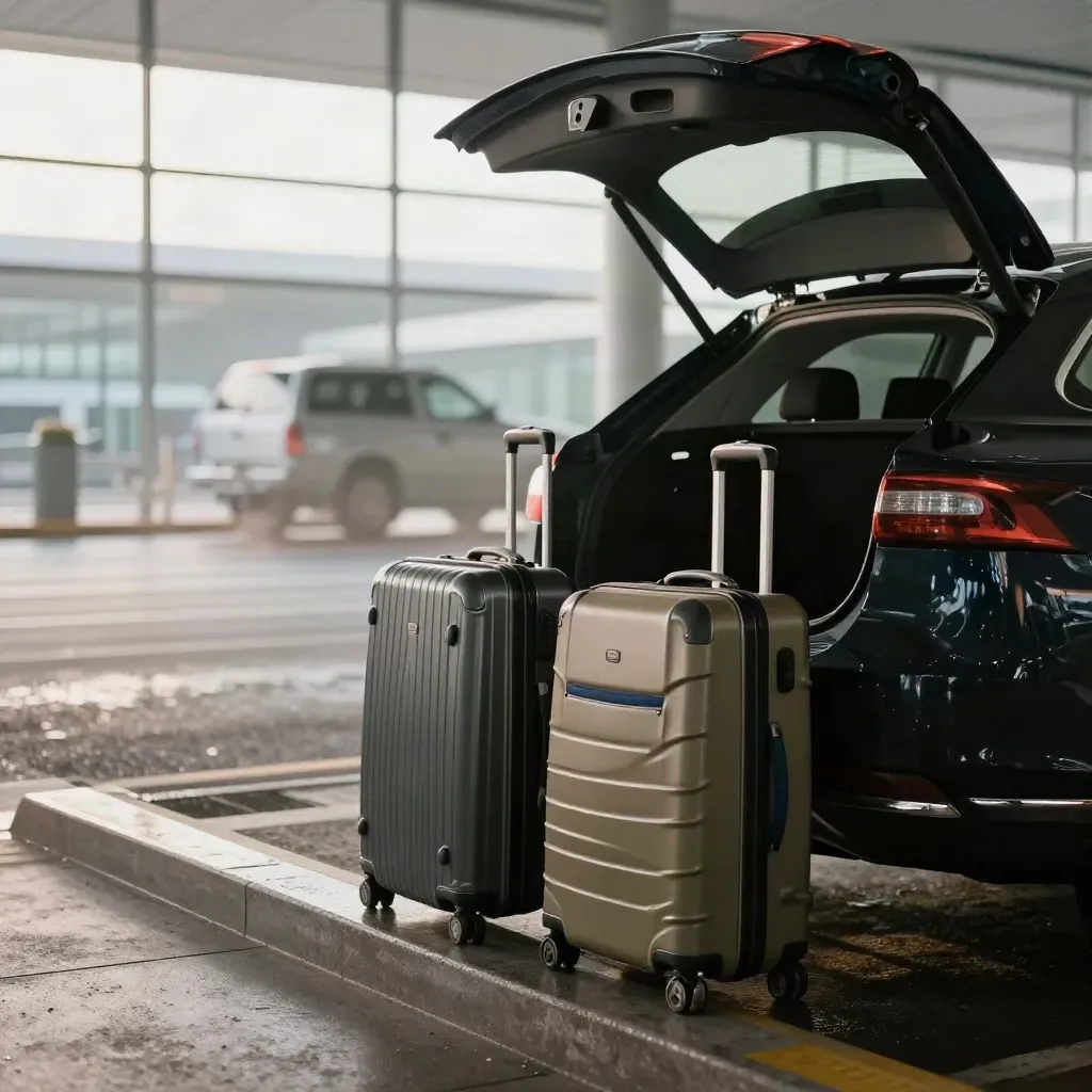 Two suitcases by an open sedan trunk at an airport curb in mist