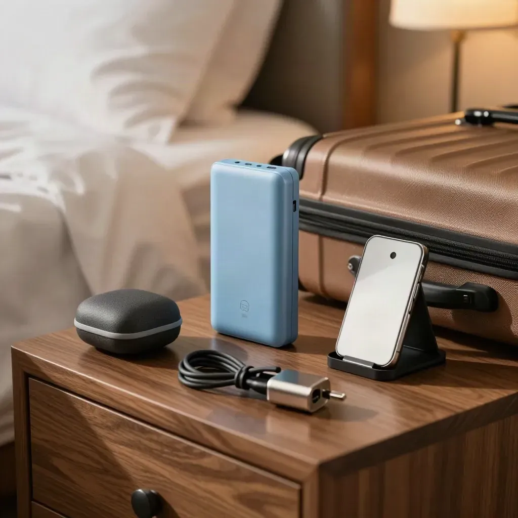Travel support kit with power bank, cable, adapter and suitcase on a bedside console.
