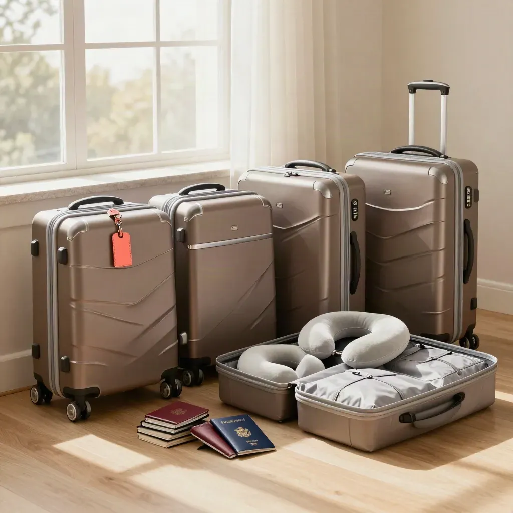 Four carry-ons, passport covers, neck pillows and packing cubes by a bright window at dawn.