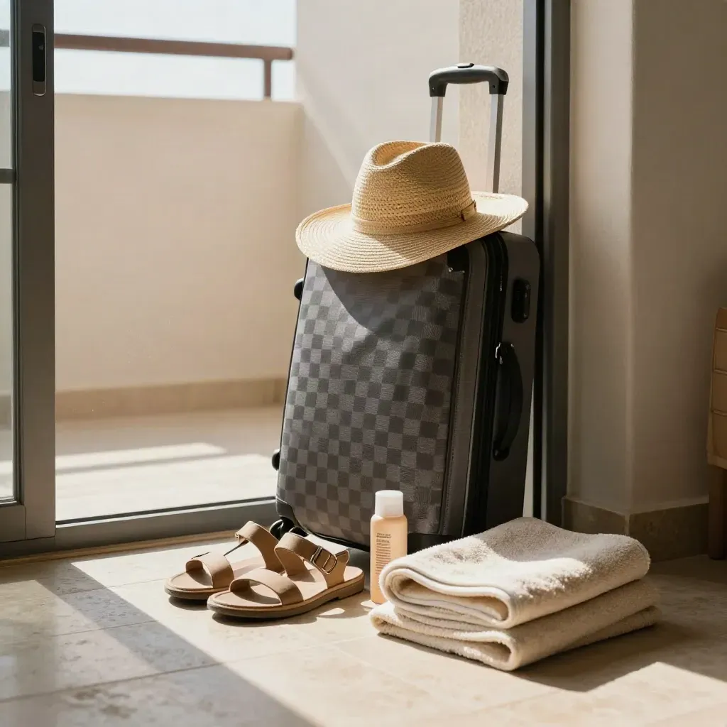 Travel kit by a balcony door: suitcase, sunhat, sandals, SPF bottle, and folded towel.