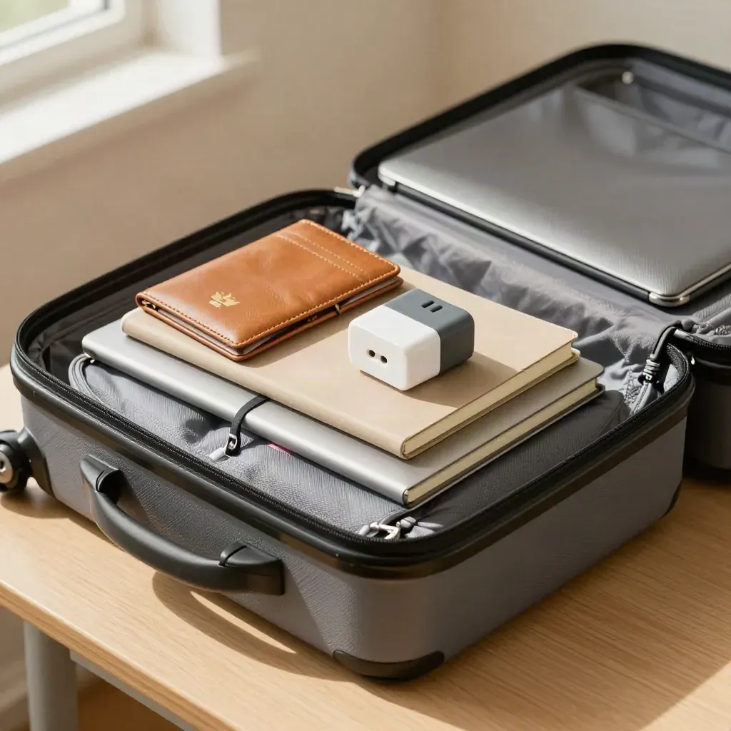 Travel kit packed on a student desk with passport wallet, notebook, adapter, sleeve and suitcase