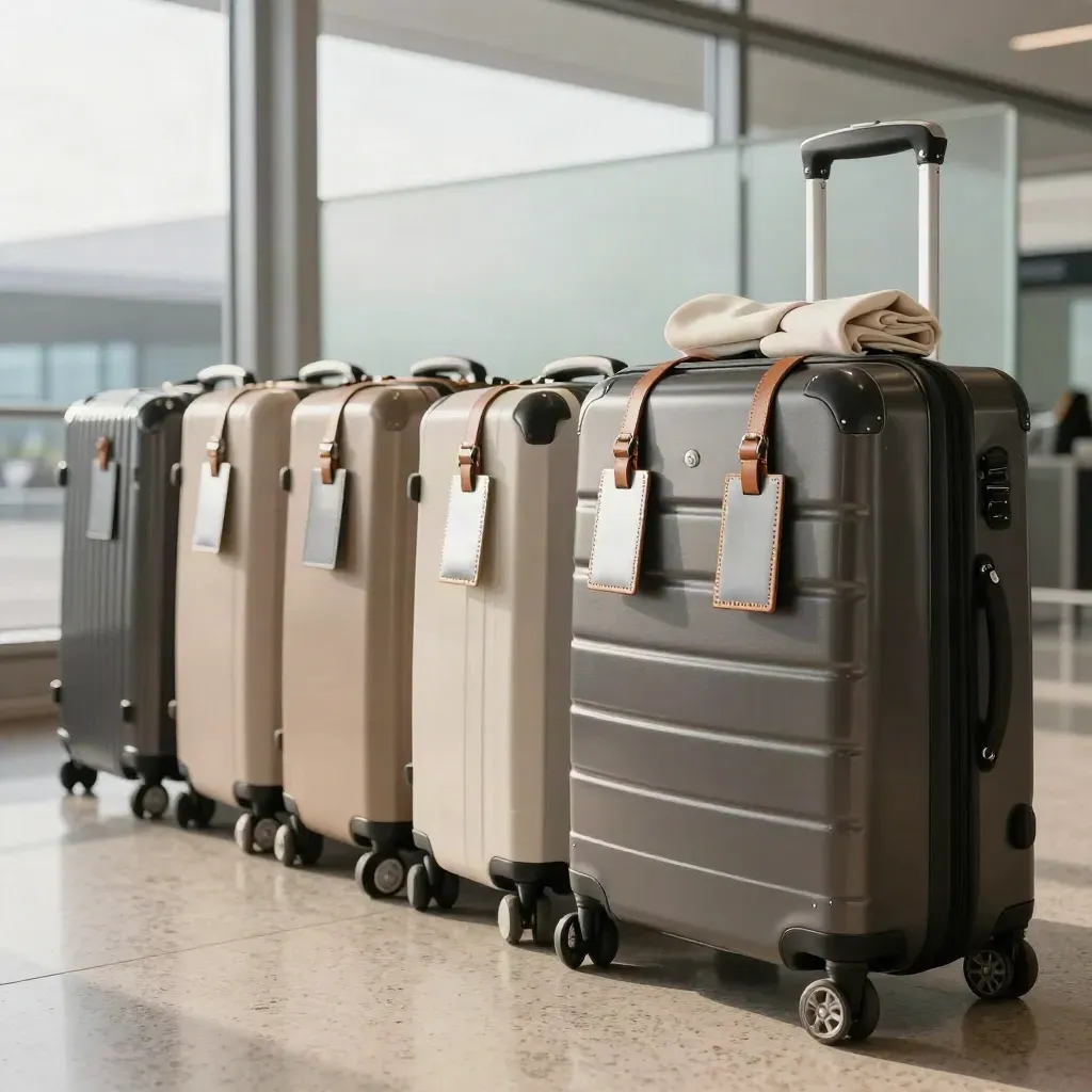 Six luggage tags on compact suitcases with a scarf and pouch on a pale airport floor.