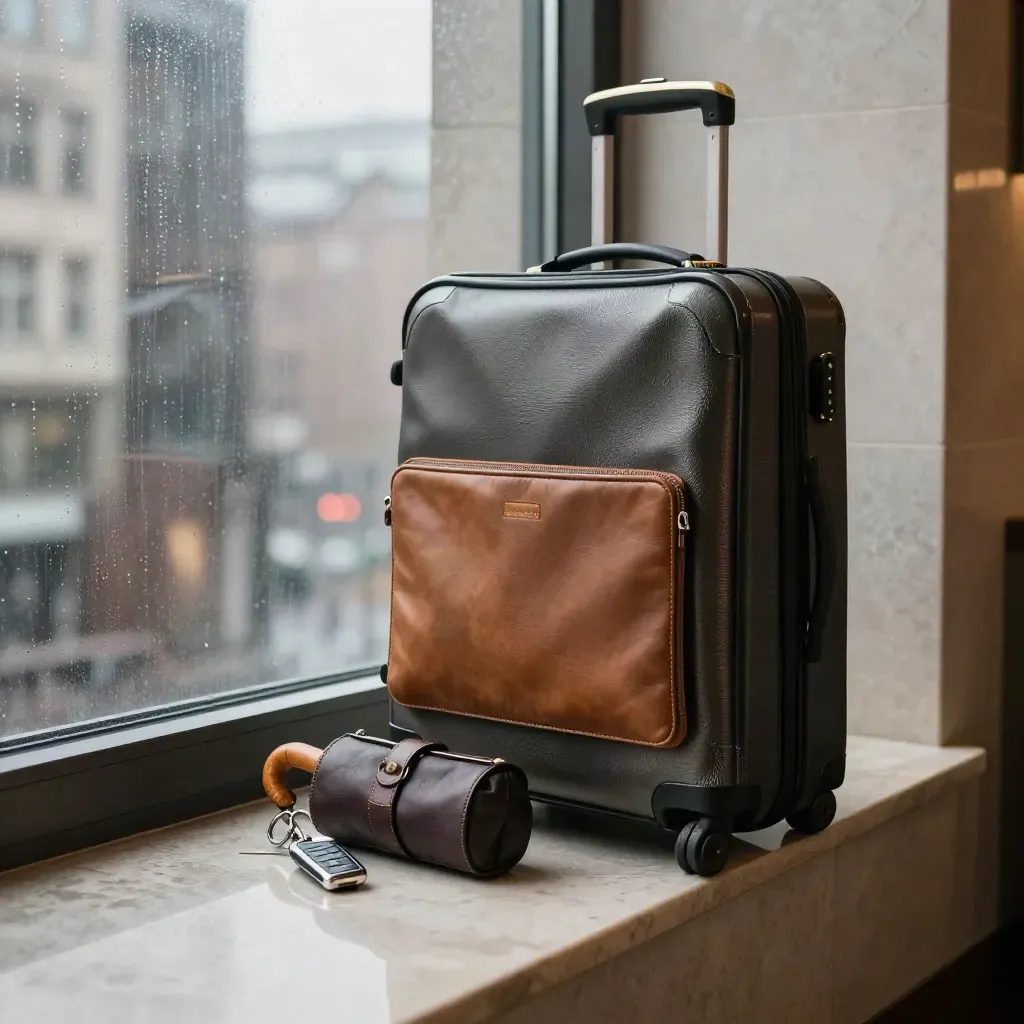 Business travel kit beside a rain-streaked lobby window as gray weather rolls over the city.