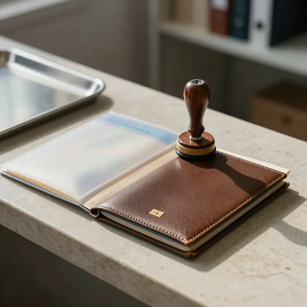 Visa kit still life with passport wallet, document sleeve, stamp and folded folder on stone.