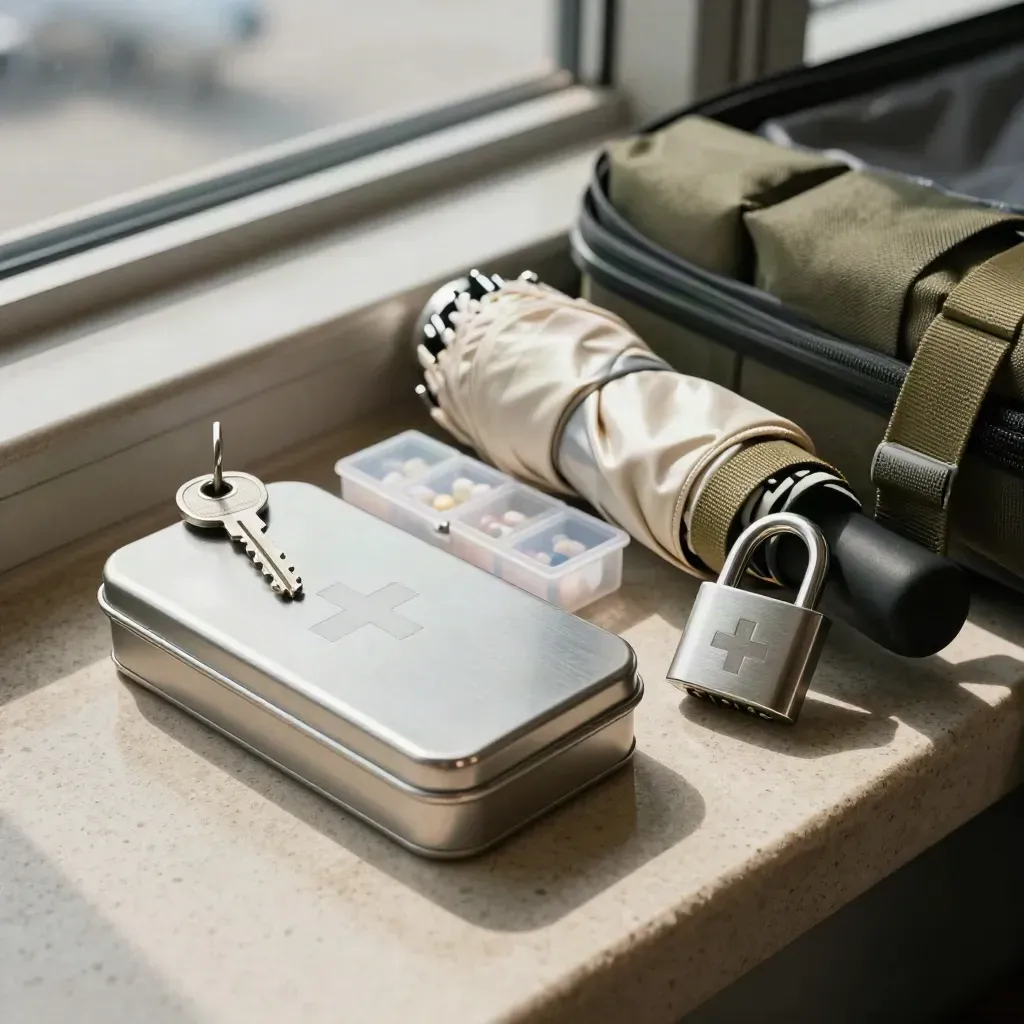 Travel emergency kit with first-aid tin, pill organizer, mini umbrella and luggage lock on khaki fabric.