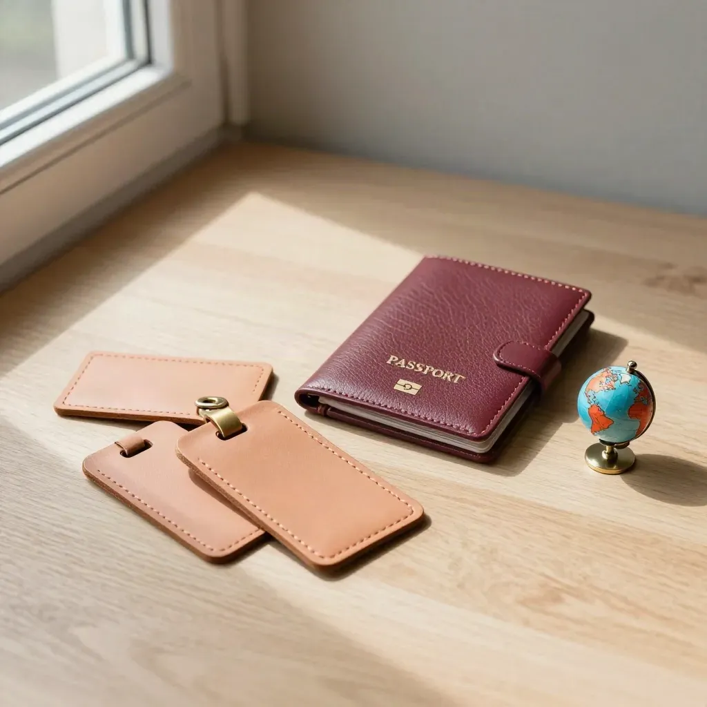 Leather passport wallet, three luggage tags and a coral globe pin on pale wood.