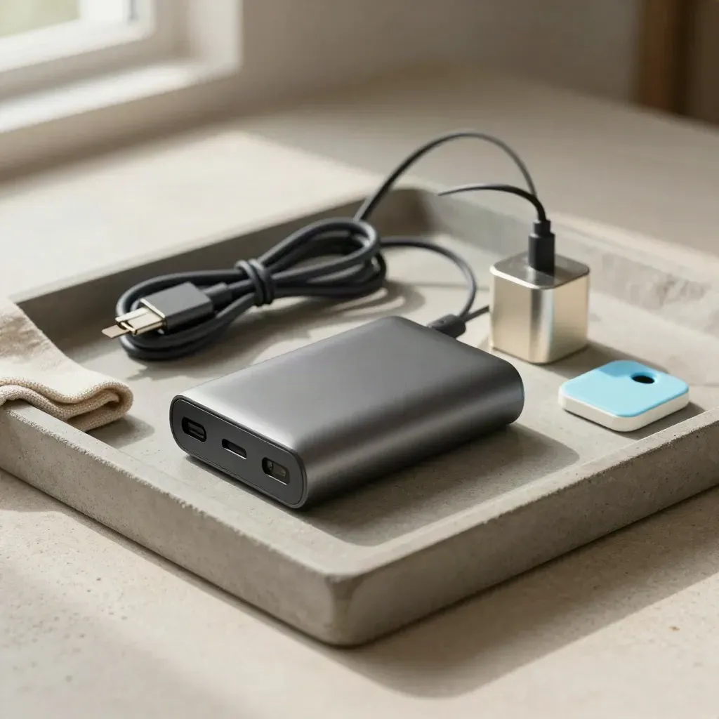 Travel support kit on a stone tray with power bank, cable, adapter, tracker tile and linen cloth.