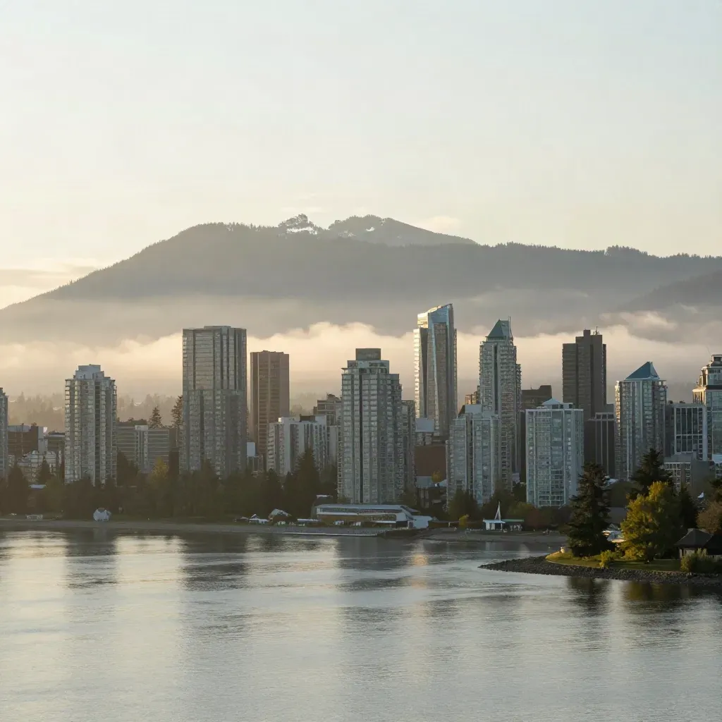 Vancouver skyline and North Shore mountains over calm inlet water in morning mist