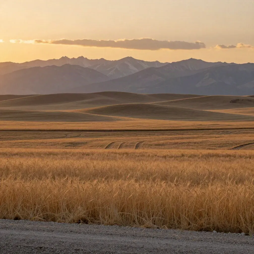 Golden-hour Calgary prairie edge with open fields, distant Rockies, and amber haze