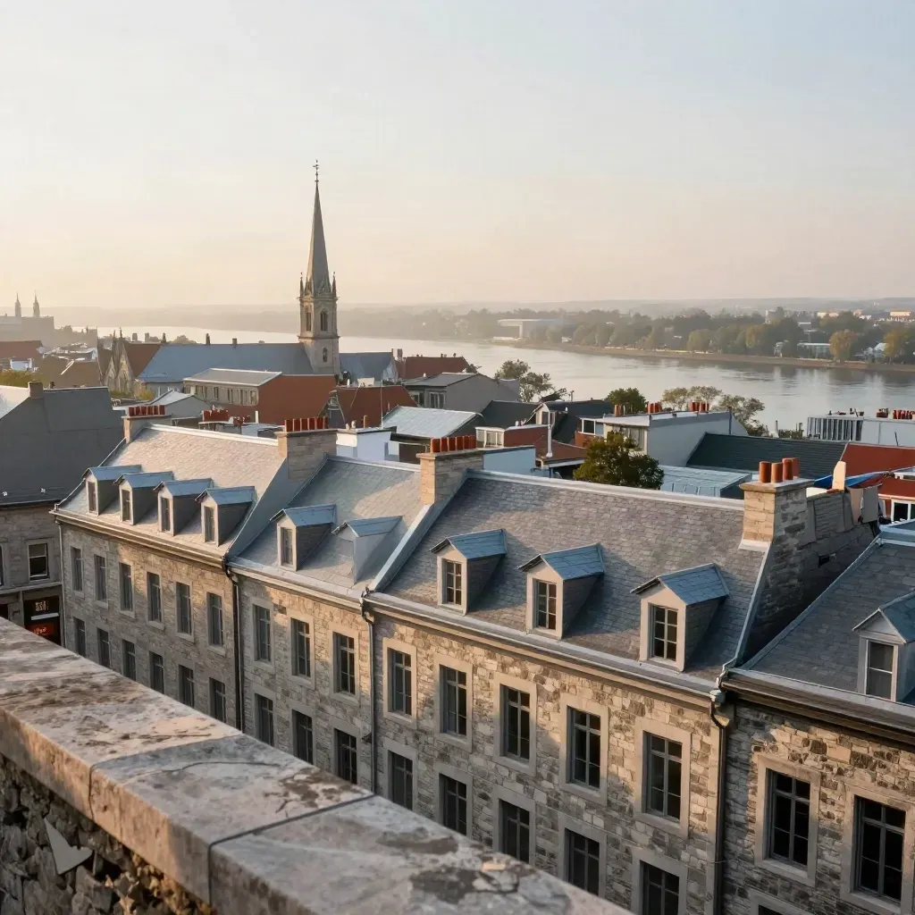 Montreal rooftops and a church spire above river mist at sunrise