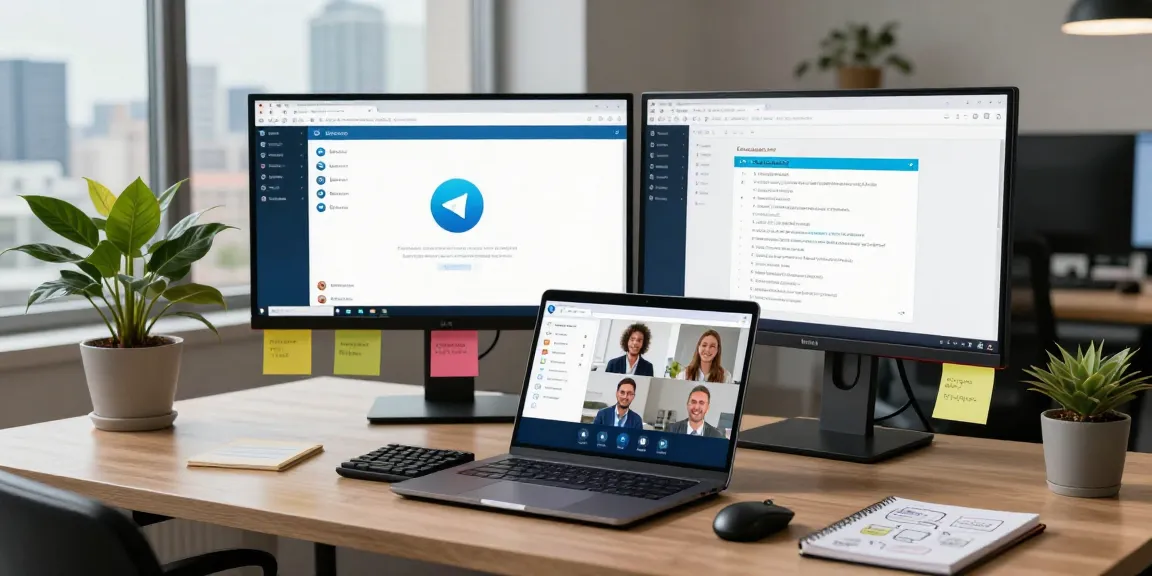 Professional using Telegram Web Version on a laptop in a modern workspace with vibrant tech elements.